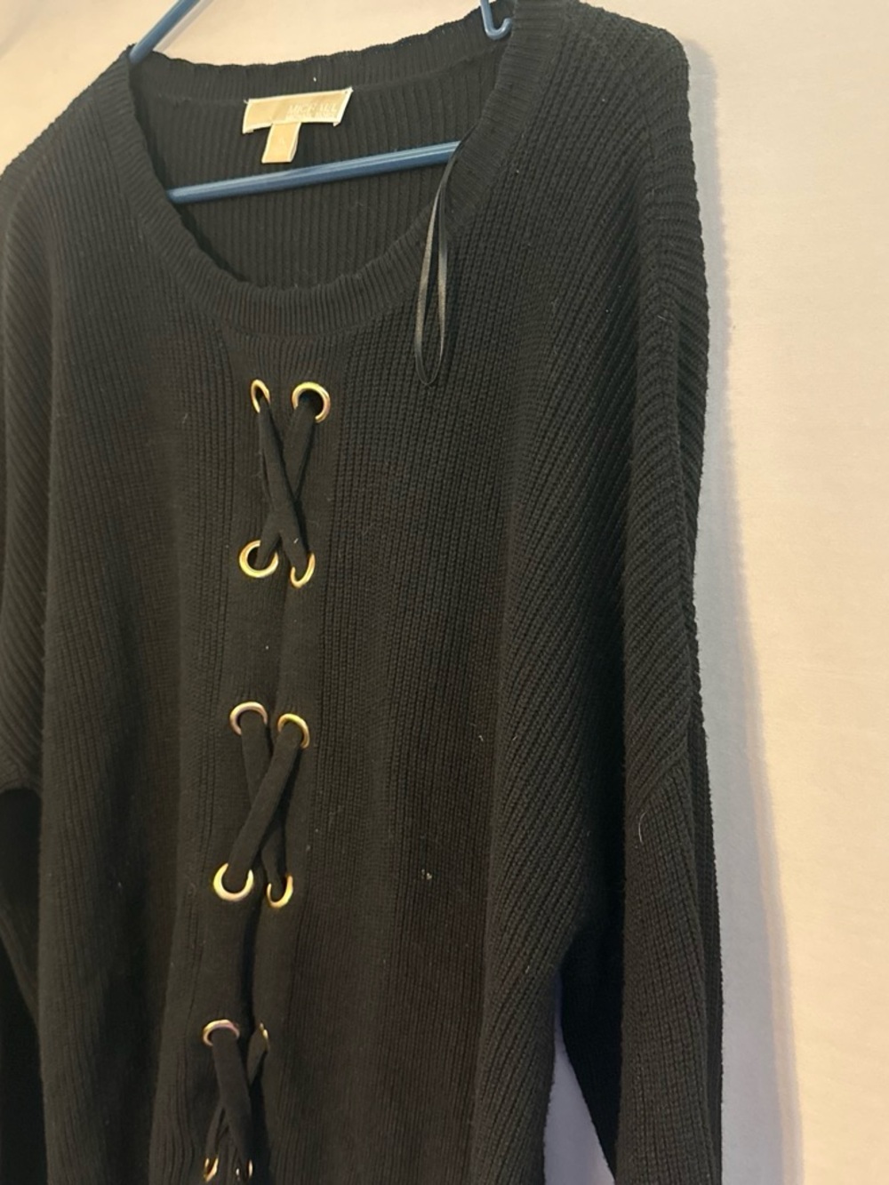 Michael Kors Black Crewneck Sweater with Lace-Up Front